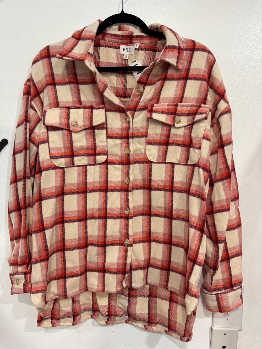 BKE Cream and Red Plaid Utility Shacket